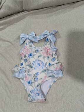 Lillie & Lilah Floral Bow One-Piece Swimsuit - Blue & Pink